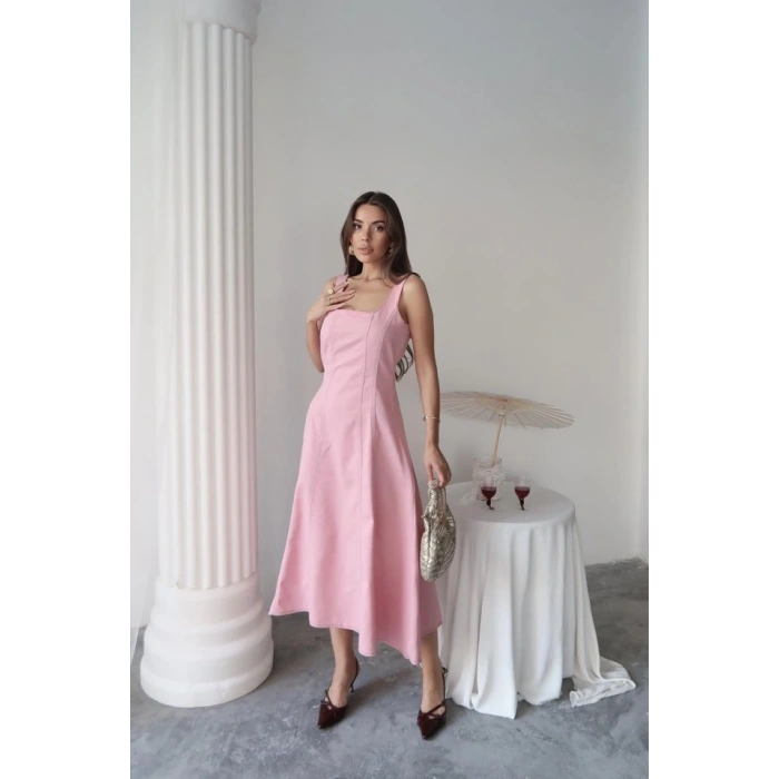 Pembe Çift Dikişli Gabardin Elbise