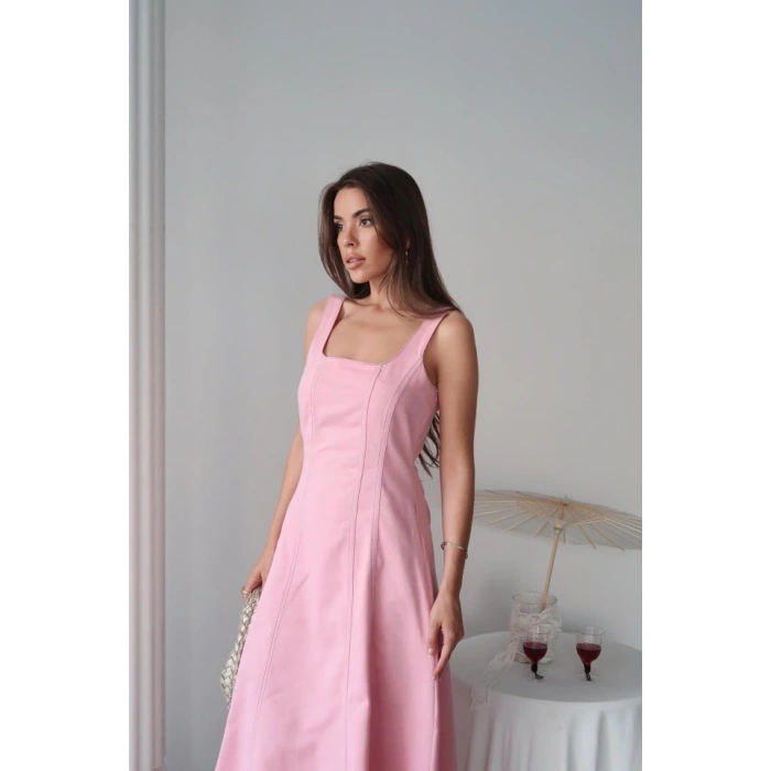 Pembe Çift Dikişli Gabardin Elbise