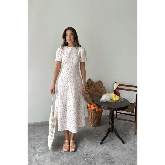 Pembe Dijital Baskılı Atlas Elbise