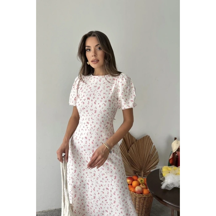 Pembe Dijital Baskılı Atlas Elbise