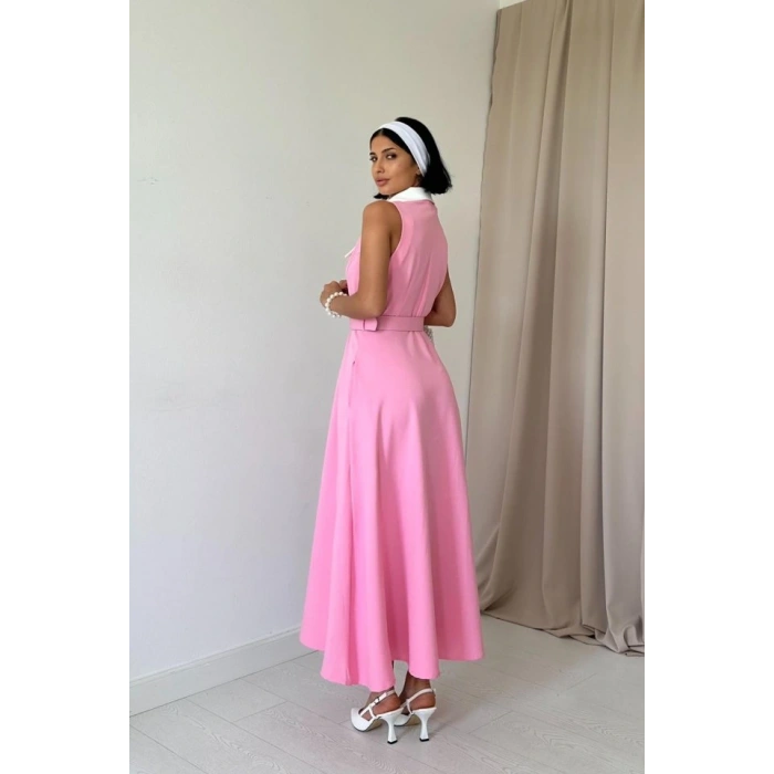 Pembe Geniş Yakalı Halter Kollu Elbise