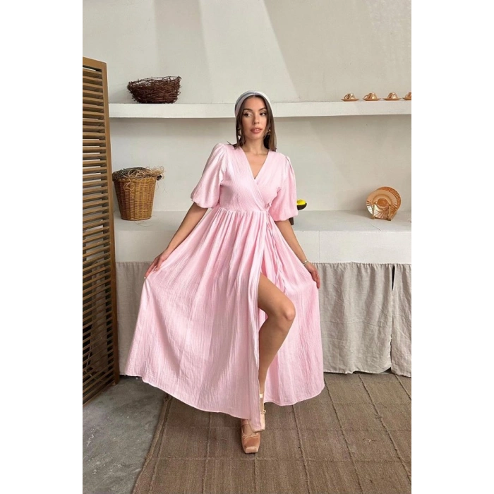Pembe Müslin Uzun Elbise