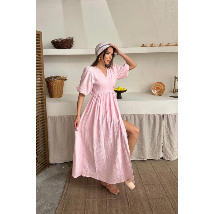 Pembe Müslin Uzun Elbise