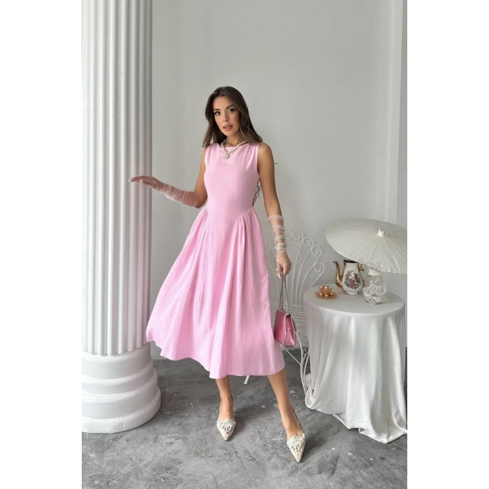 Pembe Yanları Büzgülü Midi Boy Keten Elbise