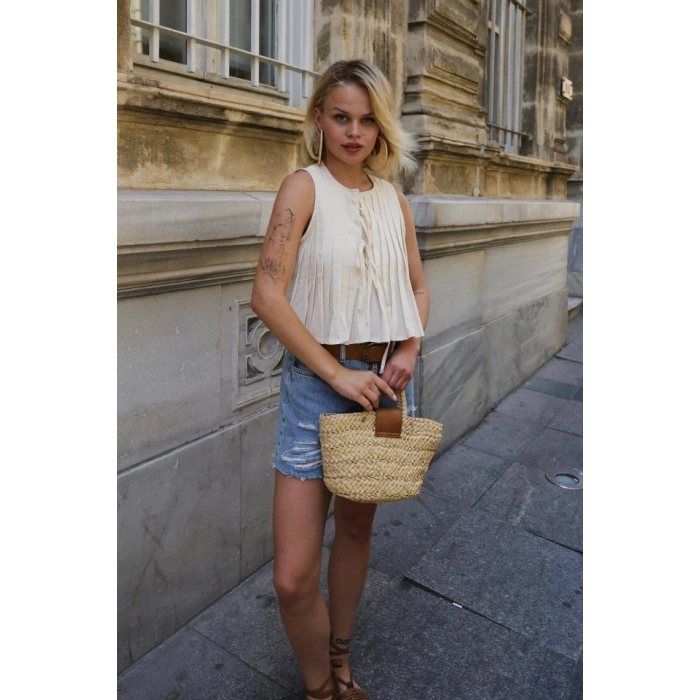 Pileli Bağlamlı Bluz  Natür