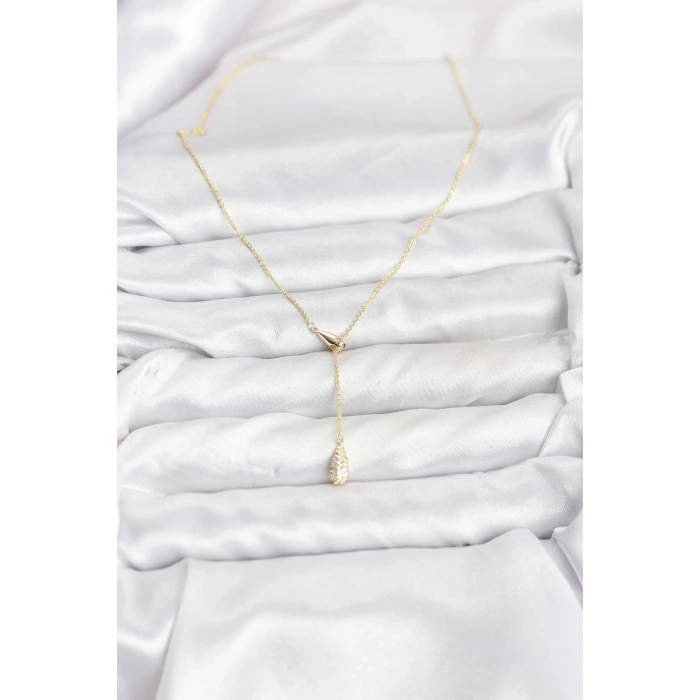 Pirinç Gold Renk Asansörlü Damla Model Kadın Kolye