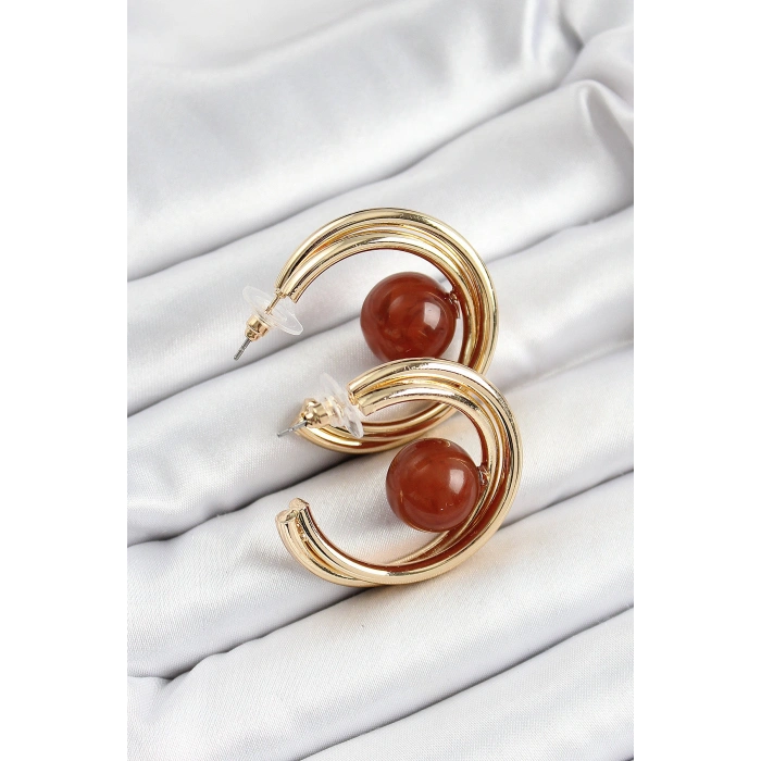 Pirinç Gold Renk Halka Model Kahverengi Boncuk Detay Kadın Küpe