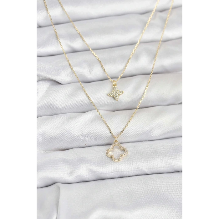 Pirinç Gold Renk Yonca Model 2li Kadın Kolye