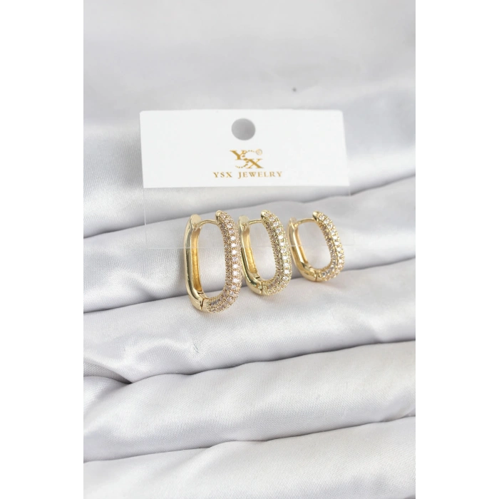 Pirinç Gold Renk Zirkon Taşlı Halka Model YSX Trio Küpe Seti