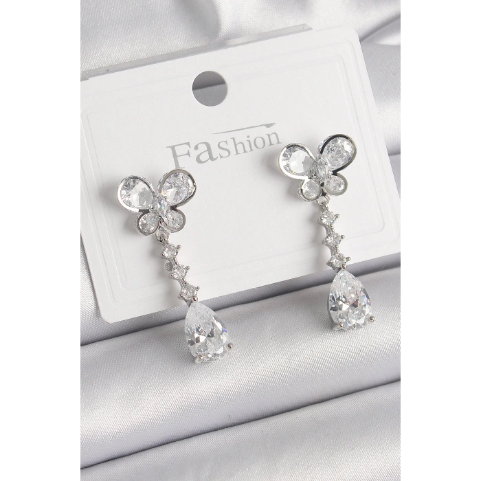 Pirinç Gümüş Renk Kelebek Model Sallantı Damla Zirkon Taşlı Kadın Küpe