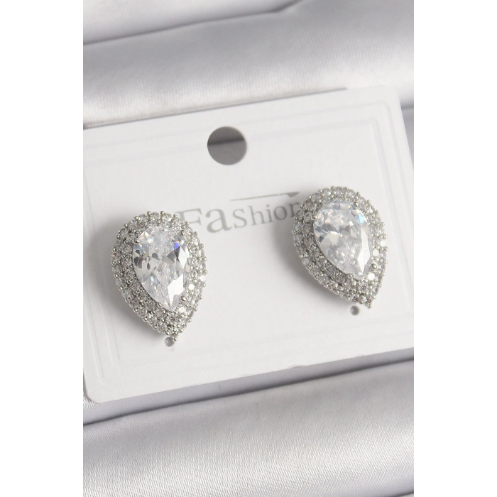 Pirinç Gümüş Renk Zirkon Taşlı Damla Model Kadın Küpe