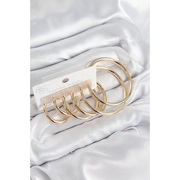 Pirinç Halka Model Gold Renk Kadın Set Küpe