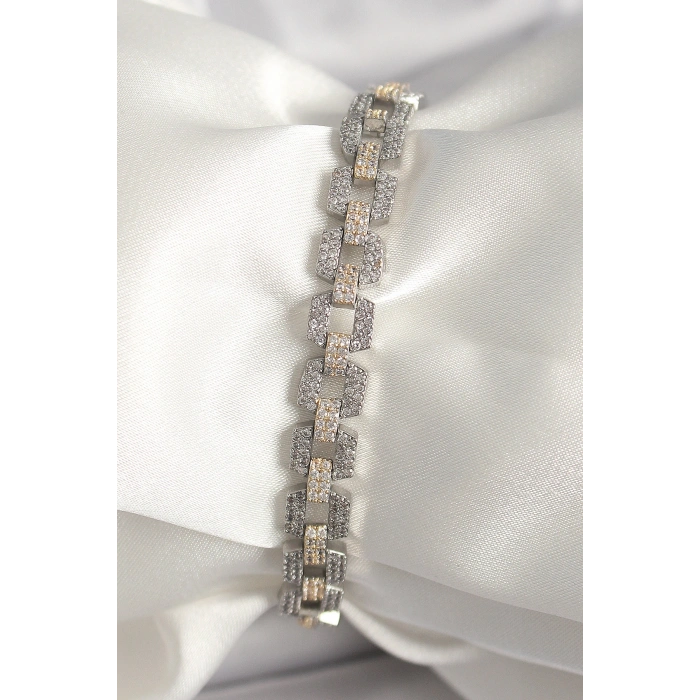 Pirinç Mix Renk Zirkon Taşlı Zincir Model VIP Seri Kadın Bileklik