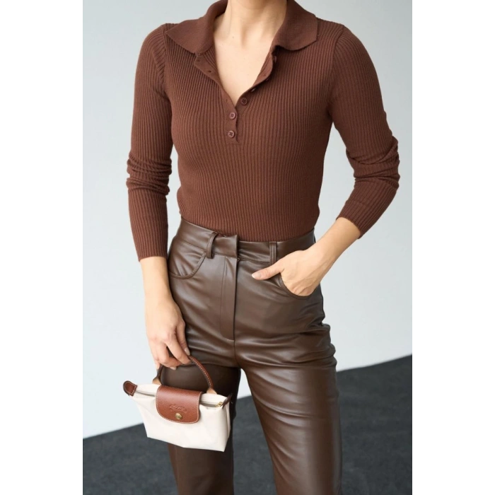 Polo Yaka 6 Düğmeli Kazak  KAHVE