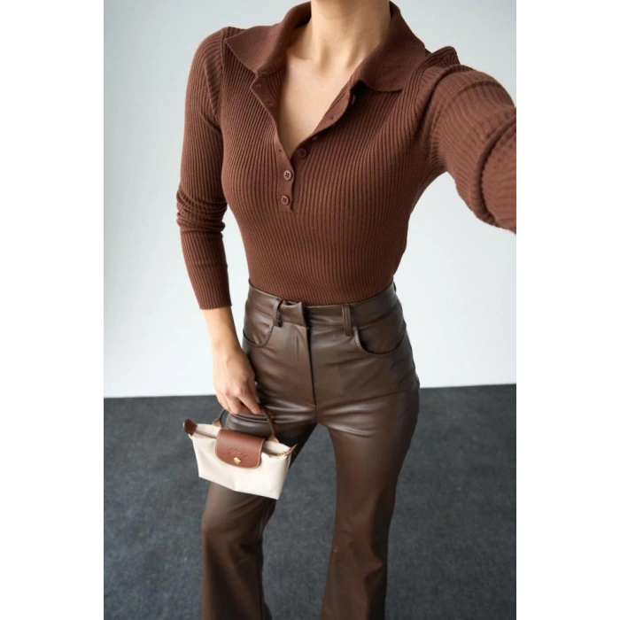 Polo Yaka 6 Düğmeli Kazak  KAHVE