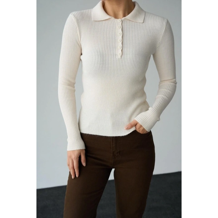Polo Yaka 6 Düğmeli Kazak  Krem