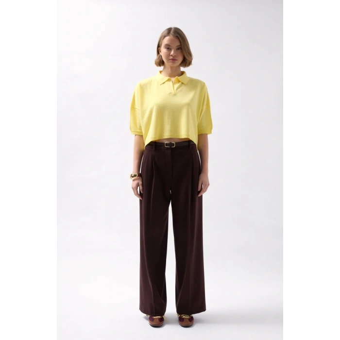 Polo Yaka Crop Dokulu Bluz