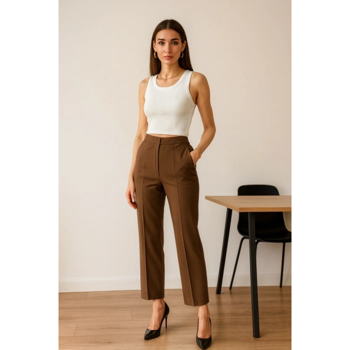 Poly Viscose Yüksek Bel Pervazli Pantolon