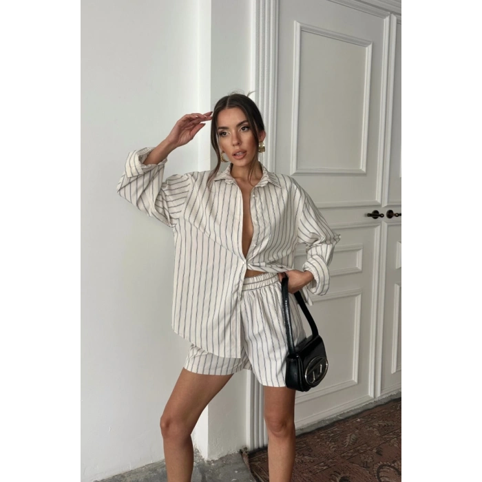 POPİN ÇİZGİİ GÖEK  ŞORT TAKI  Bej