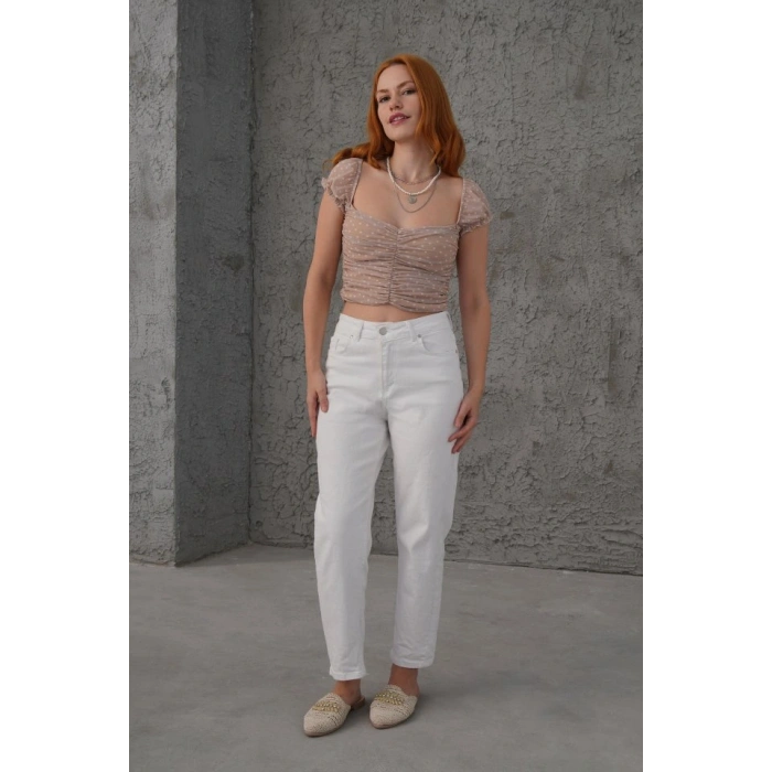 Puantiyeli Belden Oturtmalı Tül Krem Bluz