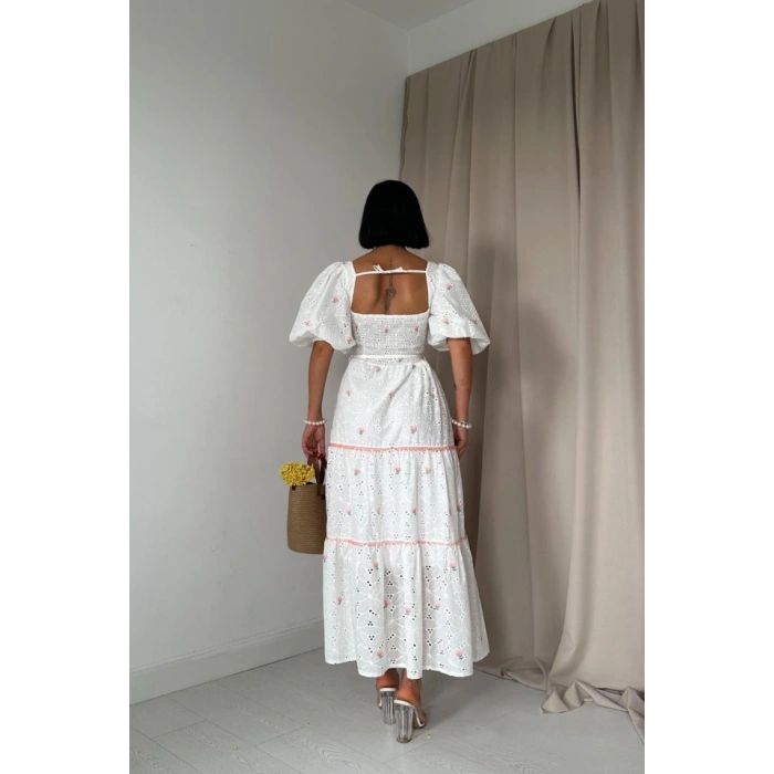 Pudra Dantel Detaylı Brode Elbise