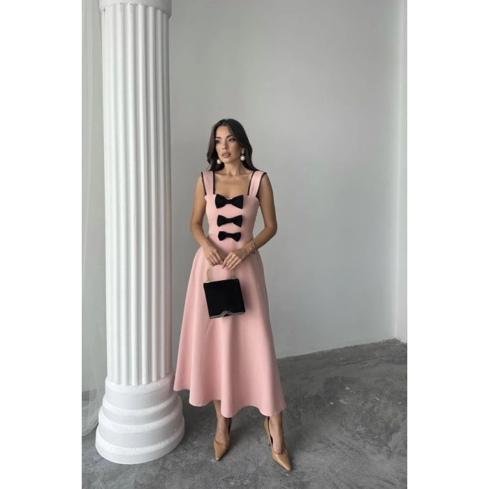 Pudra Fiyonk Garnili Dantelli Elbise