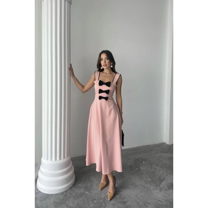 Pudra Fiyonk Garnili Dantelli Elbise