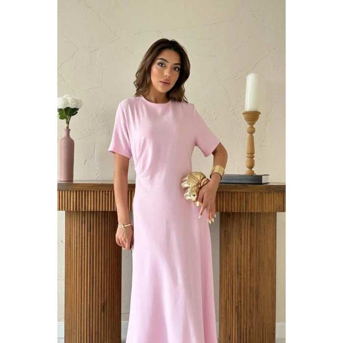 Pudra Pileli Bisiklet Yaka Elbise