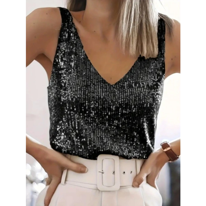 Pul Payetli Sıfır Kol Bluz Siyah