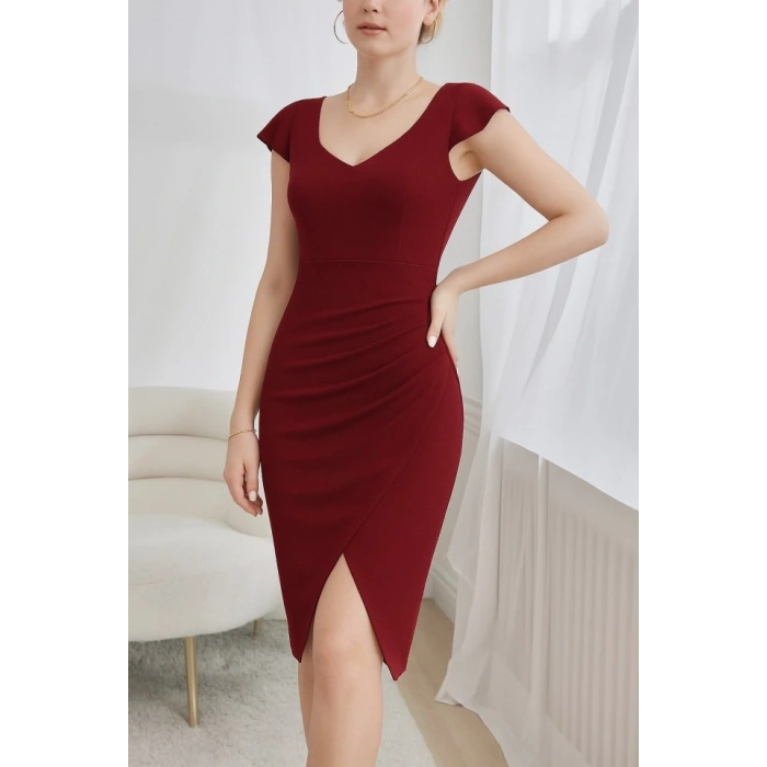 QKadın Kısa Kollu Kalp Yaka Yanlardan Büzgü Detay Midi Janjan Krep Elbise