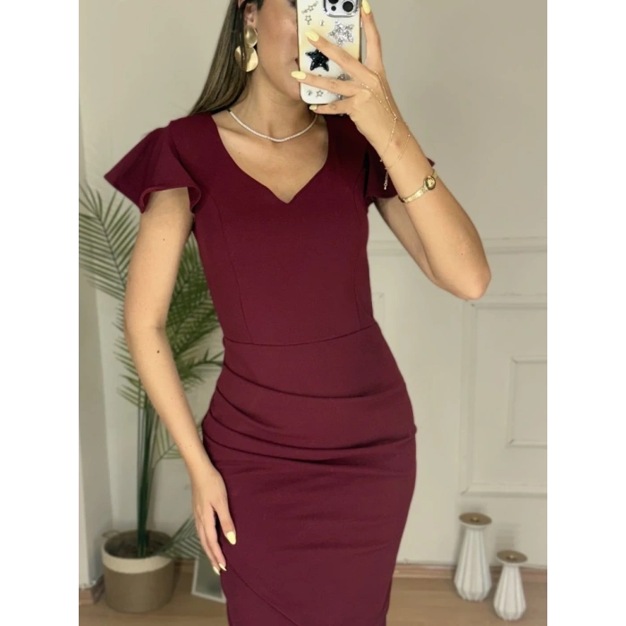 QKadın Kısa Kollu Kalp Yaka Yanlardan Büzgü Detay Midi Janjan Krep Elbise