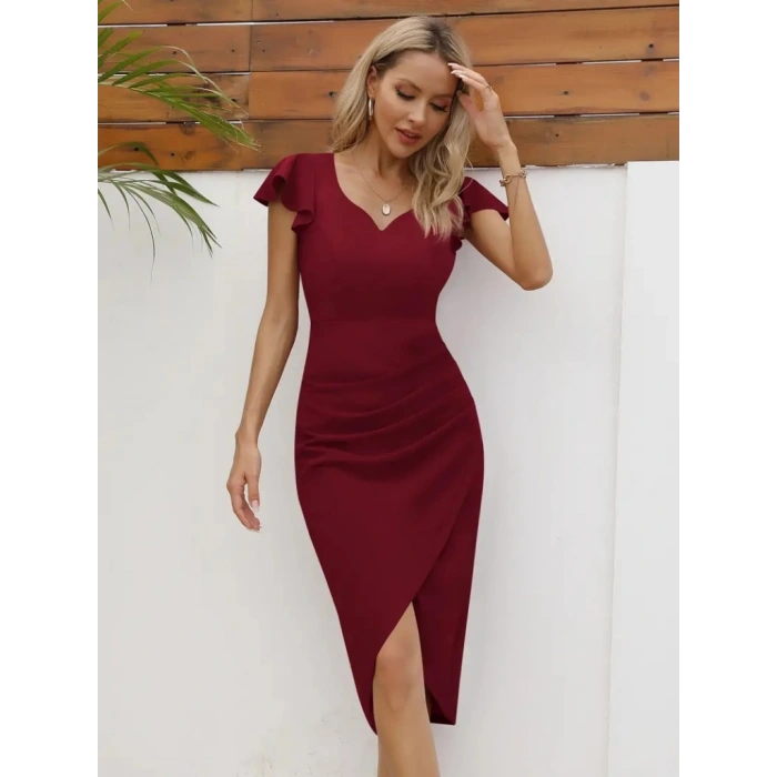 QKadın Kısa Kollu Kalp Yaka Yanlardan Büzgü Detay Midi Janjan Krep Elbise