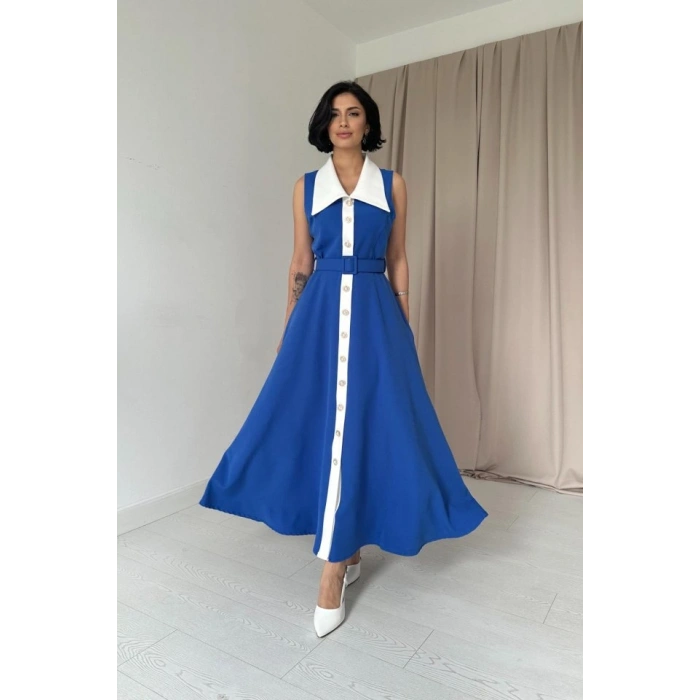 Saks Geniş Yakalı Halter Kollu Elbise