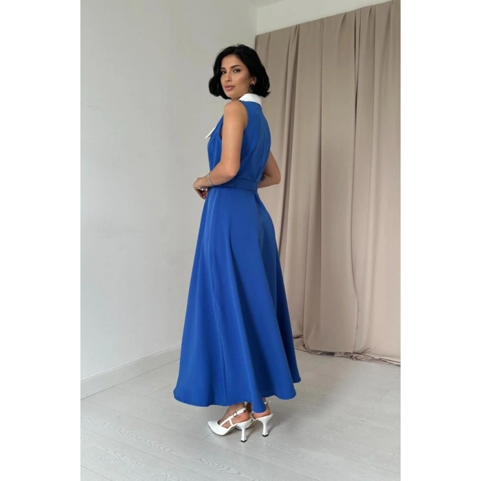 Saks Geniş Yakalı Halter Kollu Elbise