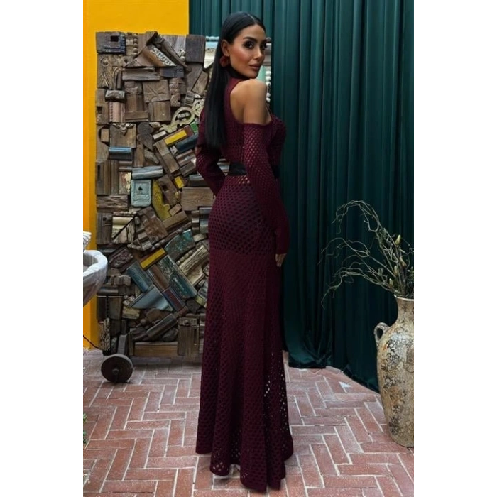 Saten Kuşaklı Ajurlu Triko Elbise 2847