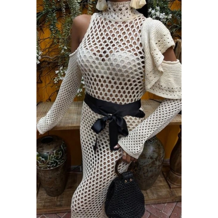 Saten Kuşaklı Ajurlu Triko Elbise 2847