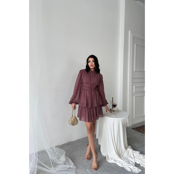 ŞİFON KATLI UZUN KOL ELBİE  Pudra