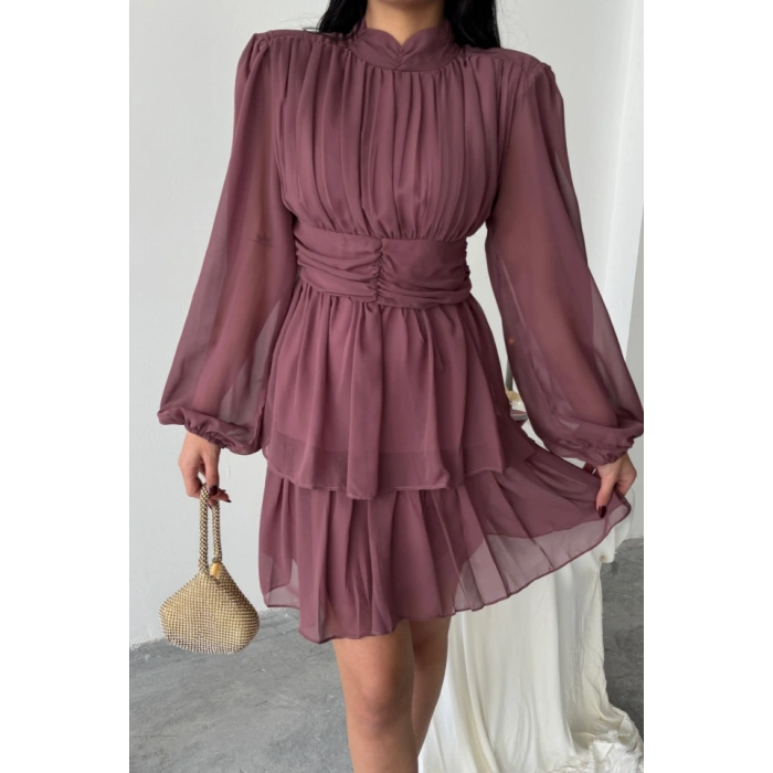 ŞİFON KATLI UZUN KOL ELBİE  Pudra