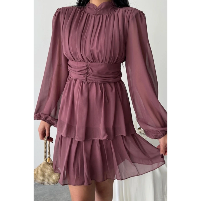 ŞİFON KATLI UZUN KOL ELBİE  Pudra