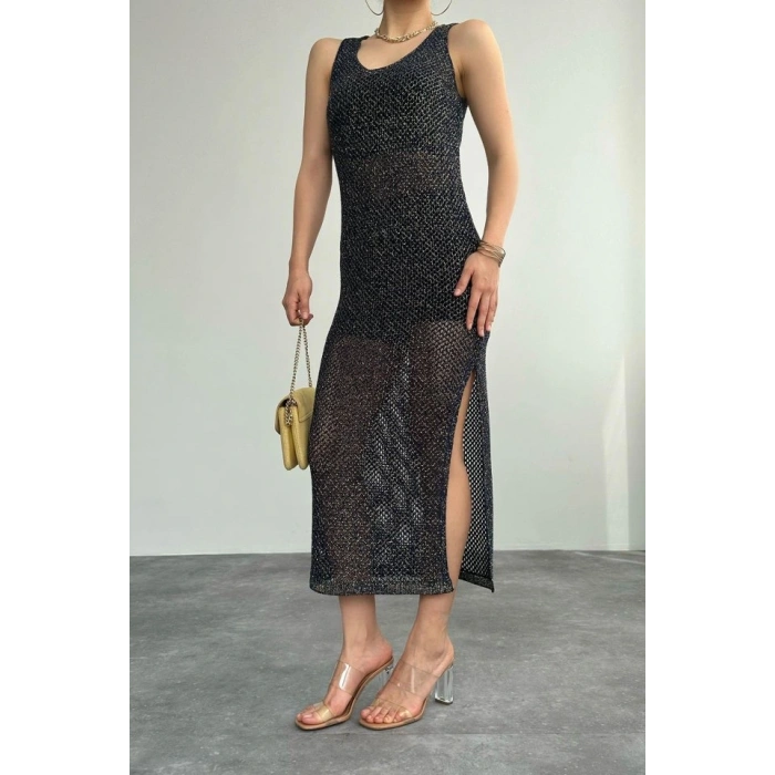 Simli Ajurlu Uzun Elbise  LacivertSarı