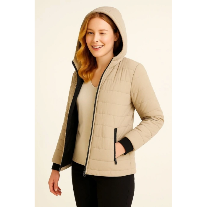 Şişme Kapüşonlu Fermuarlı ont u Itici Kapitone Astarlı Kumaş Cepli Kışlık Rahat Kalıp  Bej