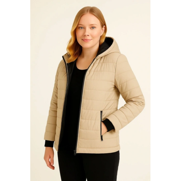 Şişme Kapüşonlu Fermuarlı ont u Itici Kapitone Astarlı Kumaş Cepli Kışlık Rahat Kalıp  Bej