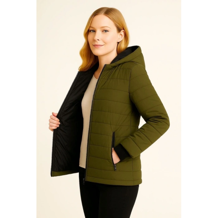 Şişme Kapüşonlu Fermuarlı ont u Itici Kapitone Astarlı Kumaş Cepli Kışlık Rahat Kalıp  Haki