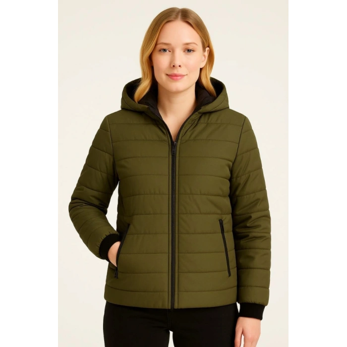 Şişme Kapüşonlu Fermuarlı ont u Itici Kapitone Astarlı Kumaş Cepli Kışlık Rahat Kalıp  Haki