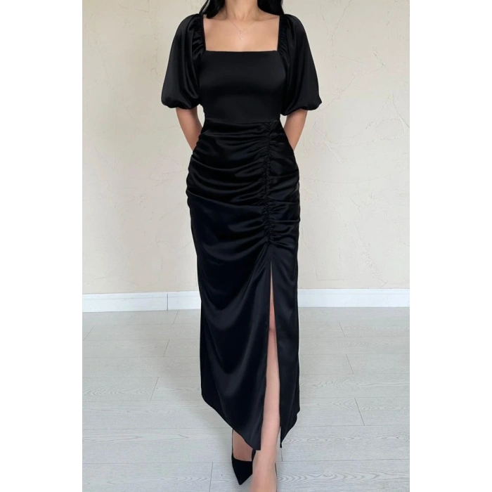 Siyah Büzgülü Saten Elbise