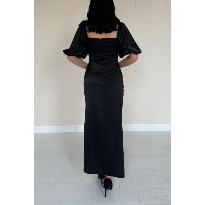 Siyah Büzgülü Saten Elbise