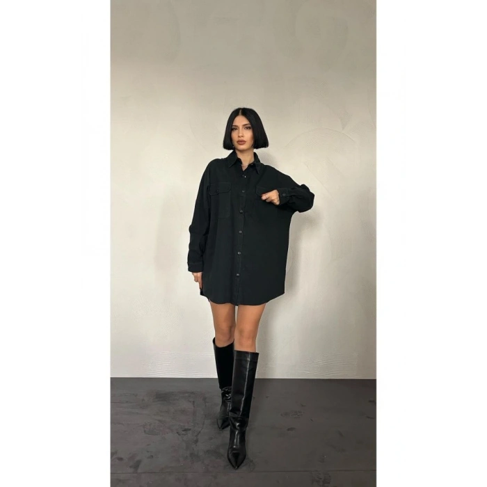 Siyah Çift Cep Kapaklı Çıtçıtlı Gömlek