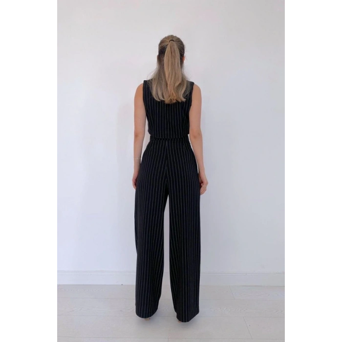 Siyah Çizgili Ceket  Yelek Ve Pantolon Takım