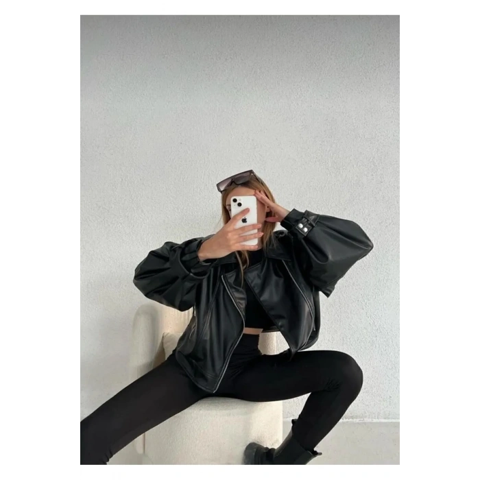 Siyah Balon Kol Deri Kadın Ceket