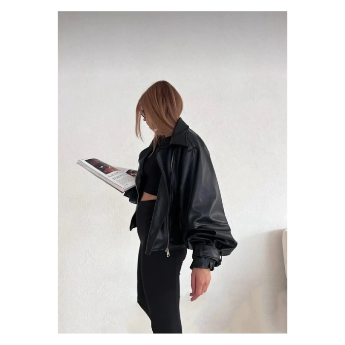 Siyah Balon Kol Deri Kadın Ceket